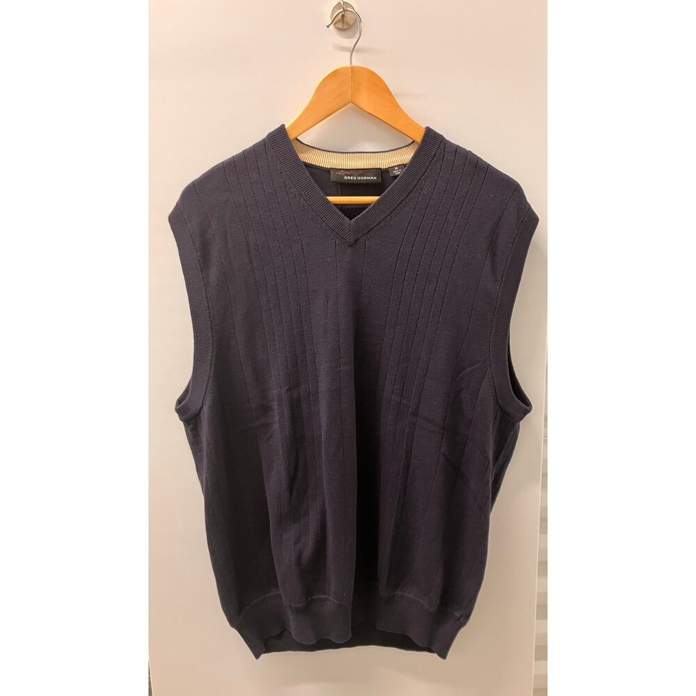 GREG NORMAN Medium GOLF Sweater Vest Navy BLUE V NECK Preppy Knit MENS